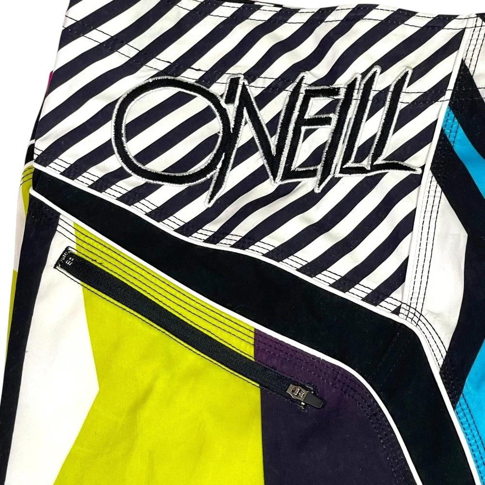O'Neill Board Shorts Mens 38 Y2K 90s Surf Retro Geometric Multicolor Swim Trunks